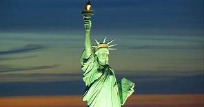 Statue of Liberty in New York City, American Freedom, Aerial Night Video of Liberty Island