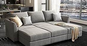 HONBAY Modular Sectional Sofa with Storage Convertible Modular Sleeper Sectional Couch for Living Room, Grey