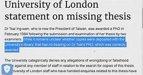 倫敦大學聲明證實 蔡英文1984年獲博士學位