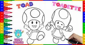 Cómo Dibujar y Colorear a Toad y Toadette 🍄 De Mario Bros 🎮. Dibujos fáciles con animación 🎨🌟🍄🍀❤️
