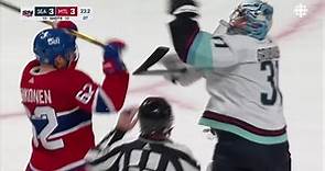 Philipp Grubauer did not like Lehkonen restraining him as he tries to pass the puck