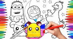 Cartoon Characters Coloring Book Page 6: Hamtaro, Minions, Doraemon, Sesame Street's Big Bird