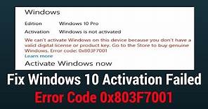 Fix Windows 10 Activation Failed Error Code 0x803F7001