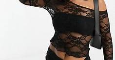 ASOS DESIGN sheer lace asymmetric top in black | ASOS