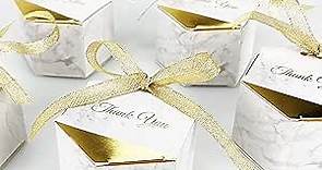 FCDECOR 50PCS Wedding Favor Boxes, Marble Gold Party Favor Boxes Bulk Candy Favors for Guests, Gift Boxes with Ribbons, Perfect for Wedding Bridal Shower Baby Shower Birthday Party Decoration, Gilding