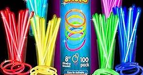 Glow Sticks Bulk Party Favors 100pk - 8" Glow in the Dark Party Supplies, Light Sticks for Neon Party Glow Necklaces and Bracelets for Kids or Adults