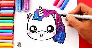 Cómo dibujar un UNICORNIO Kawaii con BRILLANTINA | How to draw a Cute Unicorn with Glitter