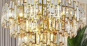 Gold Crystal Chandelier Lighting Foyer Hall Entry Way Chandeliers Light Fixture for High Ceiling Sloped Pendant Hanging French Empire Style Round Large