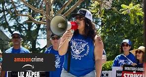 WGAW Board Member Liz Alper Riles Up the crowd at Amazon Crime Day - July 12th, 2023
