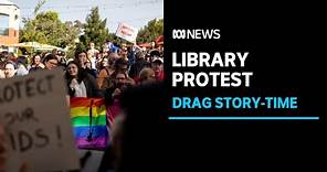 Supporters drown out a protest against a drag story-time event at a Perth library | ABC News