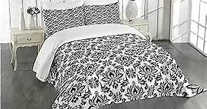 Lunarable Damask Bedspread, Damask Pattern Monochromic Classic European Venetian Style Flourishes Art, Decorative Quilted 3 Piece Coverlet Set with 2 Pillow Shams, King Size, White Black
