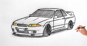 How to draw a NISSAN SKYLINE GTR R32 / drawing a 3d car / coloring nissan gt-r r32 1989