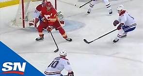 Sean Monahan Steals Puck And Makes Nice Move In Front Of Net To Score