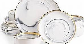 Dinnerware Sets, Marble Gold Line Plates and Bowls Sets Stoneware Dishes Set For 4, 12 Piece White Grey Marble Porcelain Round Dinner Dish Sets