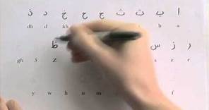 Student learning to write the Arabic alphabet (incl. worksheet)