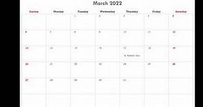 March 2022 Calendar Printable with Holidays