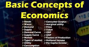 Basic Concepts of Economics - Needs, Wants, Demand, Supply, Market, Utility, Price, Value, GDP, GNP