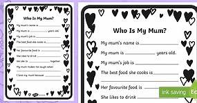 Early Years Mother's Day Questionnaire Worksheets