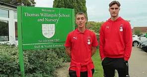 Sol Brynn and Charlie Pegrum visit Thomas Willingale School