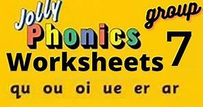 Jolly phonics group 7 worksheets| sounding blending reading for ukg lkg preschool grade 1