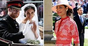 Gina Torres arrives to Royal Wedding in red lace gown