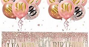 Excelloon 90th Birthday Decorations, 20pcs 90 Banner Balloons for Women, Pink Rose Gold Happy 90 Birthday Yard Banner Balloons Kit Party Supplies, 90 Year Old Birthday Photo Props Sign Decor