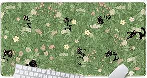 Amazon.com: Tapete de escritorio verde XL con diseño de gato lindo y fresco para teclado, tapete de mouse Kawaii negro con flores de gato negro, tapete de escritorio verde con bordes cosidos, antideslizante,