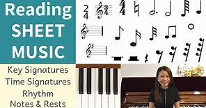 How to read SHEET MUSIC? Key Signatures, Time Signatures, Notes & Rests! (Beginner Piano Lessons #9)
