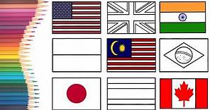 How to Draw & Colour Book Page for Kids - 11 Nation Flags