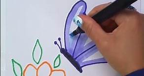 Come disegnare una farfalla e un fiore. per bambini. colorare.