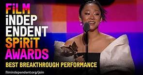 STEPHANIE HSU wins BEST BREAKTHROUGH PERFORMANCE at the 2023 Film Independent Spirit Awards.