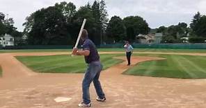 Chipper Jones' father pitches to Hall of Fame son, Jim Thome at Doubleday Field
