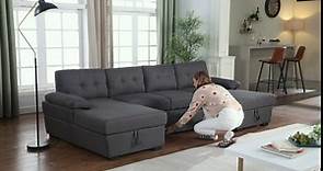 Sectional Sleeper Sofa Couch Bed Pull Out Sofa Bed & Storage Chaise Lounge Living Room U Shape Couches Sleeper Couch Furniture Set (Dark Grey)