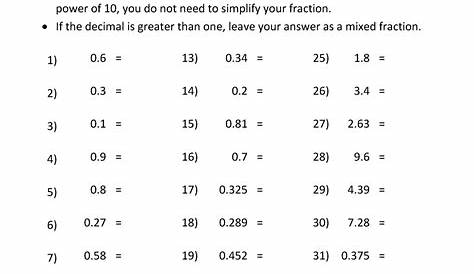 Fraction And Decimal Worksheets