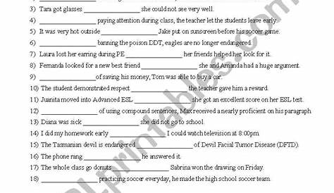 Cause & Effect Practice: Conjunctions - ESL worksheet by lilsquidney