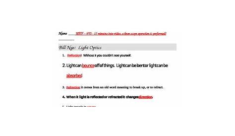 bill nye light optics worksheet answer key