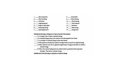 introduction to physical and chemical changes worksheets answers