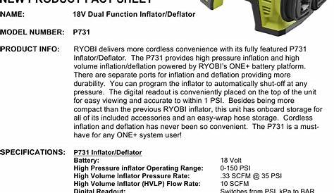 Ryobi P731 Users Manual Inflator Deflator Media Sheet