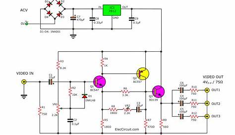 Video amplifier splitter circuit using BD137-BC547-BC557
