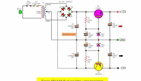 Dual 15V Power Supply Schematic With PCB, +15V -15V 1A - ElecCircuit