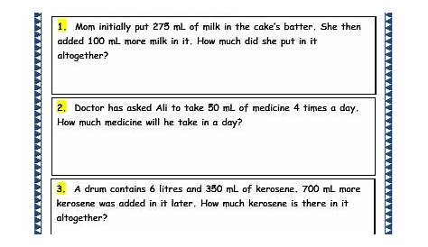 Grade 3 Maths Worksheets: (13.6 Measurement of Capacity: Word Problems