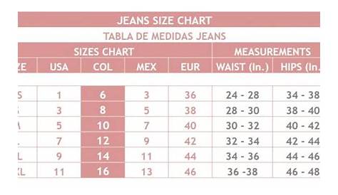 standard jeans size chart