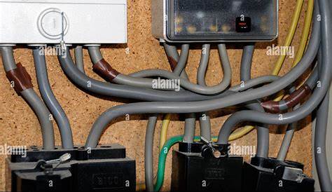 detail of wiring in domestic electric meter box Stock Photo: 32350363