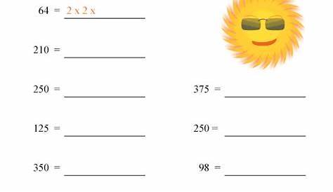 Prime factorization worksheet of numbers up to 1,000. Grade 6 math