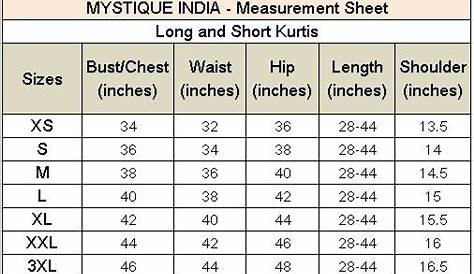 indian clothing measurement chart