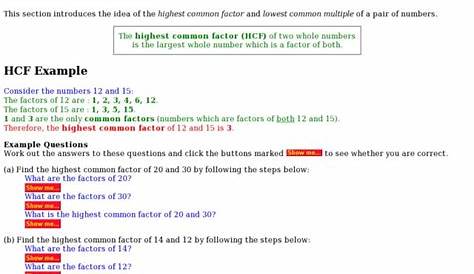 lowest common multiple and highest common factor worksheets