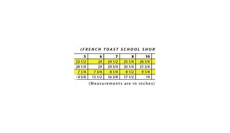 french toast uniform pants size chart