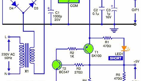 5V DC Regulated Power Supply with Short Circuit Protection - Circuit Scheme
