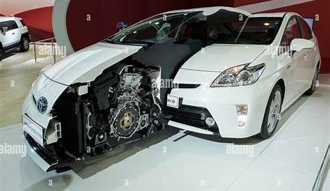 Toyota Prius Hybrid cut-away exhibit showing engine at the Dubai Stock