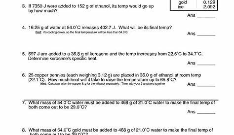 specific heat worksheets answer key